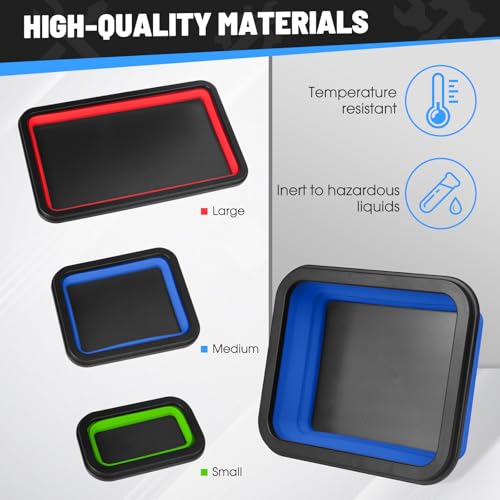 Collapsible Magnetic Parts Tray Set, 3 Different Size Tool Trays - color: Red (L) + Blue (M) + Green (S)