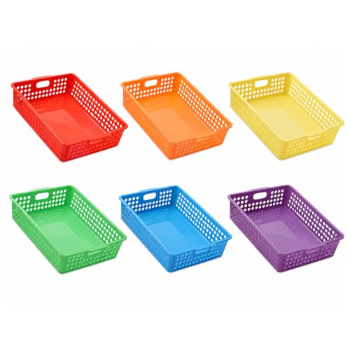 FOCHIER F 6 Pack Classroom Paper Baskets, Organizing Desk Boho Tray for A4 Papers, Classroom Storage Plastic Paper Bins, Fun Turn in Trays for Teachers and Students, Office Desk Room Trays Organizer - color: Rainbow