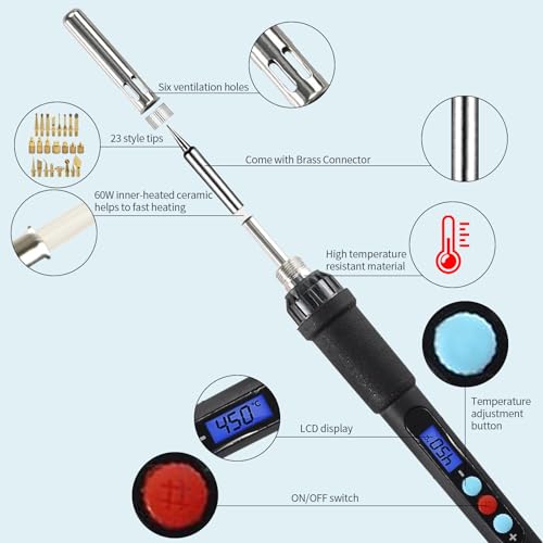 FYSETC 3D Printer Accessories Soldering Iron Kits: 60W 110V LCD Digital Solder Iron Pen with 7 Heat Set Insert Tool and 16Pcs Brass Cleaning Up