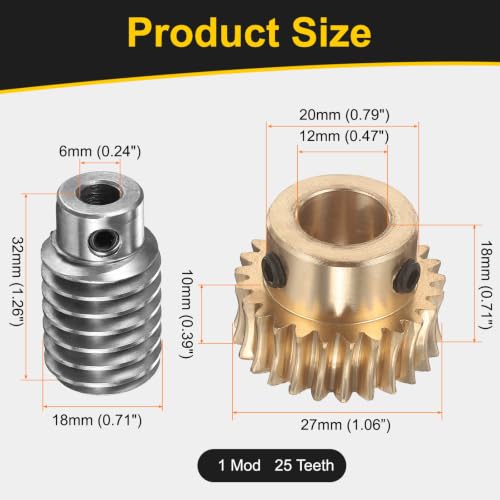 uxcell Worm Gear Set 25T 1 Module 25:1 Reduction Rate, 12mm/6mm Bore - size: 12mm/6mm Bore (1Mod 25T)