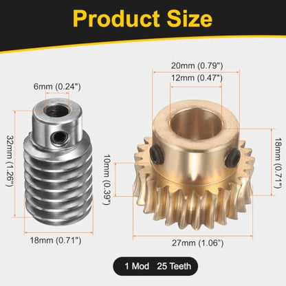 uxcell Worm Gear Set 25T 1 Module 25:1 Reduction Rate, 12mm/6mm Bore - size: 12mm/6mm Bore (1Mod 25T)