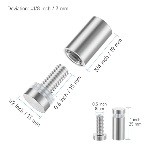 LuckIn 8 Pack Standoff Screws for Acrylic (1/2 in. Dia x 3/4 in. L), Stainless Steel Stand Off Wall Mounts Hardware for Sign Holder, Silver - size: 1/2 x 3/4 Inch