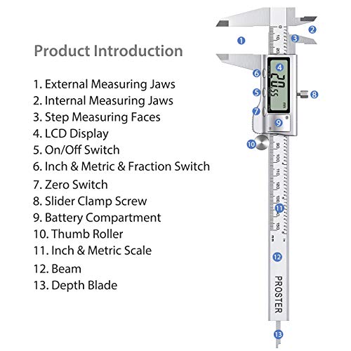 Proster Digital Caliper 6"-3 Modes(Fractions/Inch/mm) with 32 Feeler Gauges