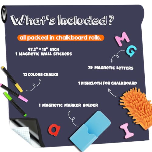 Magnetic Chalkboard for Wall,47.2" x 18" Self Adhesive Blackboard Wallpaper - color: Dusty Blue 1pc, size: 47.2"W x 18"H