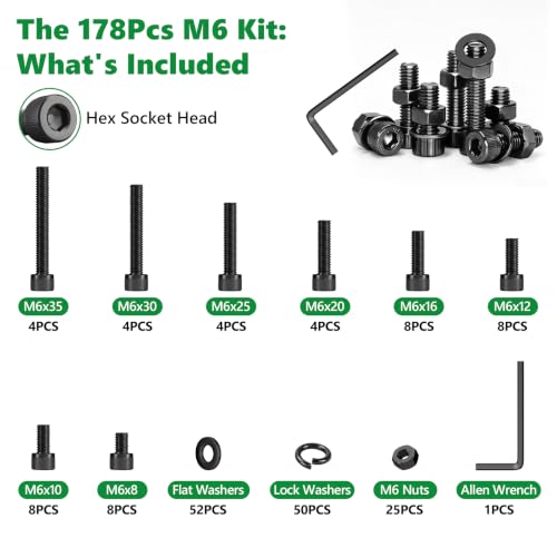 178PCS M6 Hex Socket Screw Assortment Kit, M6x8/10/12/16/20/25/30/35 mm - size: M6 178pcs 3