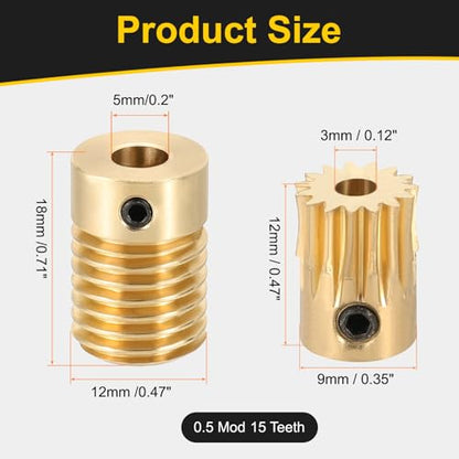 uxcell Worm Gear Set 15T 0.5 Module 15:1 Reduction Rate, Right Rotation Drive Gear Box Wheel Reduce Transmission Part (Brass Gear-3mm Bore, Brass Rod 5mm Bore) - size: Gear-3mm, Rod-5mm Bore, style: 0.5M-15T