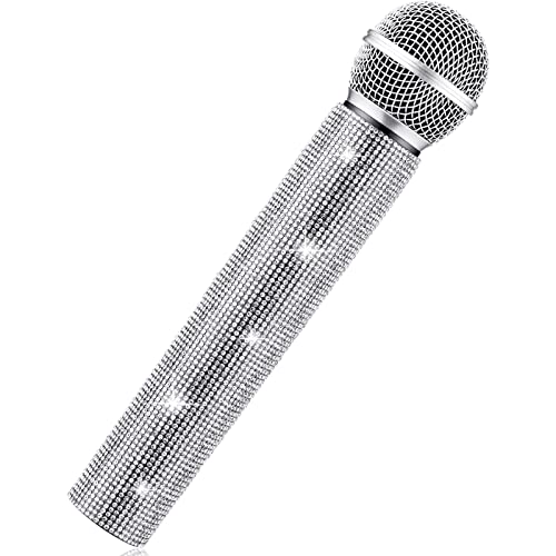 Sanwuta Fake Microphone Prop, Sparkly Bling Rhinestones Mic, Silver - color: Silver