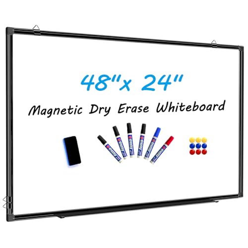 H-Qprobd 48"x24" Magnetic White Board Dry Erase Wall Mount Whiteboard - Office Home Classrooms White Board Hanging Writing Board with Black Aluminum Frame - size: 48"W x 24"H