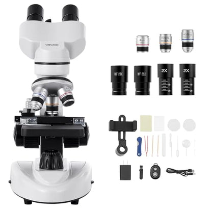 VEVOR Compound Binocular Microscope, 40-2000X Magnification, Professional Compound Microscope for Adult with Phone Adapter, LED Light, Aluminum Alloy Body, for Lab, School, Home, Education - size: 40-2000X