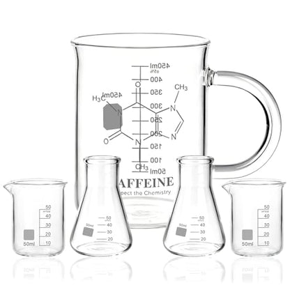 Beaker Mug Shot Glasses Set of 5-16 oz Coffee Mug & 1.7 oz Beakers & 1.7 oz Erlenmeyer Flasks
