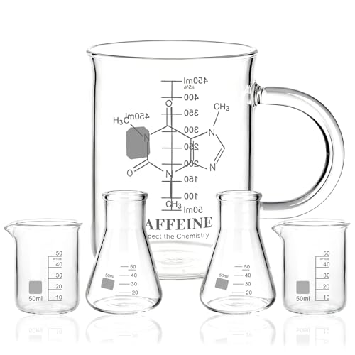 Beaker Mug Shot Glasses Set of 5-16 oz Coffee Mug & 1.7 oz Beakers & 1.7 oz Erlenmeyer Flasks