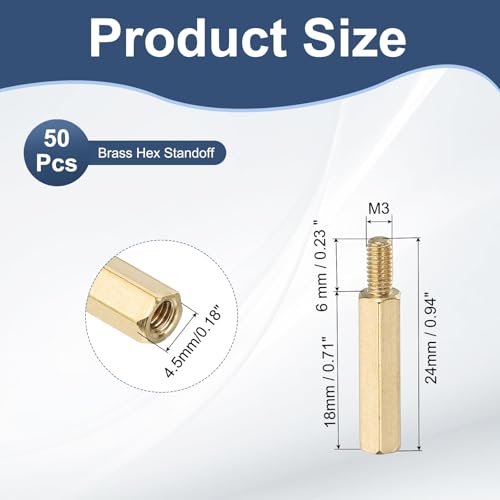 PATIKIL 50 Pcs Male to Female Thread Spacer Screws M3 x 18mm + 6mm Brass Hex Standoff PCB Motherboard Spacer Screw Nut for Drone Quadcopter Computer Electronic Projects Circuit Board - size: M3 x 18mm + 6mm