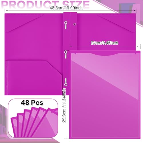 Henoyso 48 Pcs Plastic Folder with Clear Front Pocket and 3 Prongs Heavy Duty Plastic Folders with Card Slot Pocket Folders with Prongs for School Office Home(Neon Purple) - color: Neon Purple