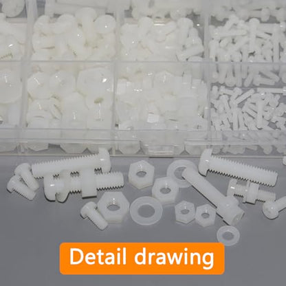 500 Pcs Nylon Hex Head Screws Bolts and Nuts and Washers Assortment Set - size: M2,M2.5,M3,M4,M5,M6