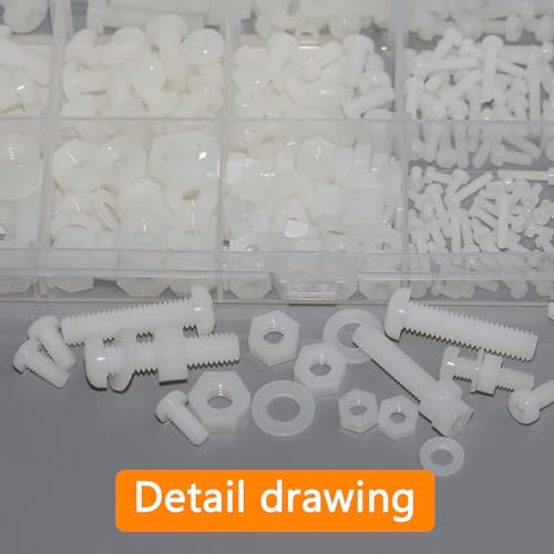 500 Pcs White Nylon Plastic Pan Round Head Screws Bolts and Nuts and Gaskets Metric Full Threaded Hex Head Screws Bolts and Nuts and Washers Assortment Set - M2/M2.5/M3/M4/M5/M6 (Pack of 2) - size: M2,M2.5,M3,M4,M5,M6 (Pack of 2)
