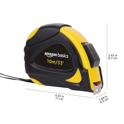 Amazon Basics Self-Locking Tape Measure with Belt Clip, 33 feet (10 m), Inch/Metric Scale, MID Accuracy, Black, Yellow - color: Black, Yellow, size: 10.1 m