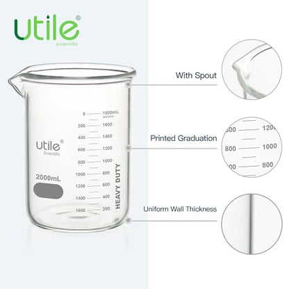 Utile 2000ml Glass Beaker Set, Chemical Glass Beakers, Low Form Borosilicate 3.3 Glass Lab Beaker with Printed Graduation, 4000.2000.1 - style: 2000ml (1pc)
