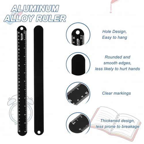 HARFINGTON 2pcs Metal Straight Ruler 12"+6" Metric SAE Black - color: Black