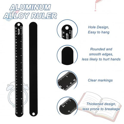 HARFINGTON 2pcs Metal Straight Ruler 12"+6" Metric SAE Black - color: Black