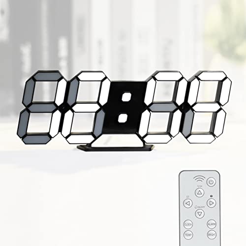 KOSUMOSU Digital Clock 3D LED Wall Clock for Living Room Decor 9.7" Alarm Clocks Black Clock Wall Decor Digital Wall Clock,Remote Control/Dimmer/Date/Temperature - color: 9.7in Black Clock-white Light