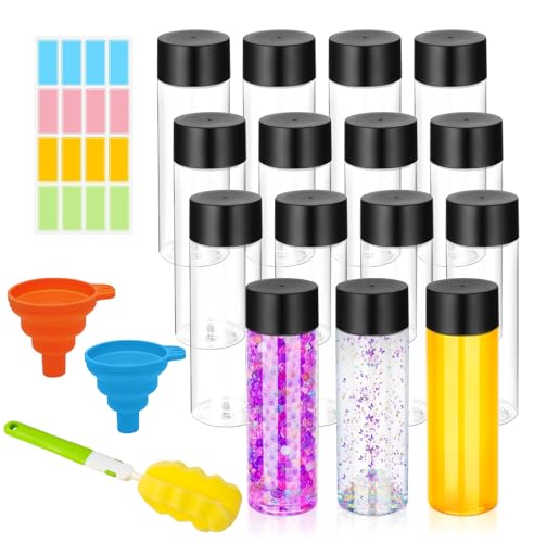 DI QIU REN 16 Pack Clear Plastic Bottles Empty Sensory Bottles with Caps – Reusable Juice Bottles Drink Containers Leakproof Water Bottle for Juice Milk (Black Lids, 12 oz / 350 ml) - size: 16 Pack 12 oz/ 350 ml
