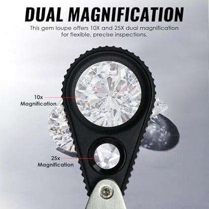 Dual Lens Jewelers Loupe Magnifier, 10X & 25X Pocket Foldable Jewelry Magnifier with 21mm and 8mm Optical Glass, Stainless Steel Body, Dual Lens Loupe for Jewelry, Gems, Coins, Stamps, Watch, etc
