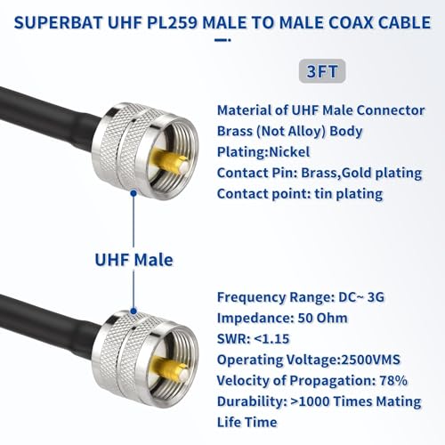 Superbat 3ft RG8x Coaxial Cable, Male to Male PL259 Connectors, Low Loss, Waterproof, Perfect for CB Ham Radio, Antenna Analyzer, Jeep Wrangler CB Installation - size: 3ft