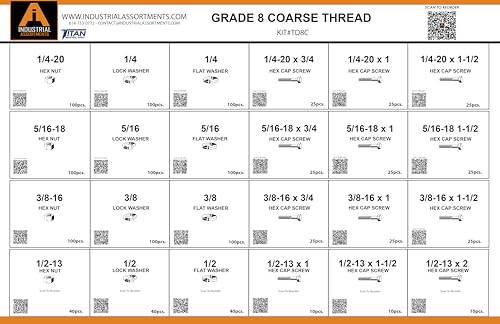 Titan Industrial Supply-1275 Piece Grade 8 Coarse Thread Metal Drawer Assortment