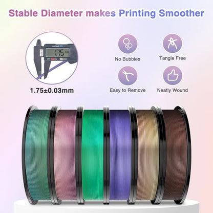 Matte Rainbow PLA 3D Printer Filament Bundle, 1.75 ±0.03mm, 6×250g - color: 6×250g Matte Rainbow