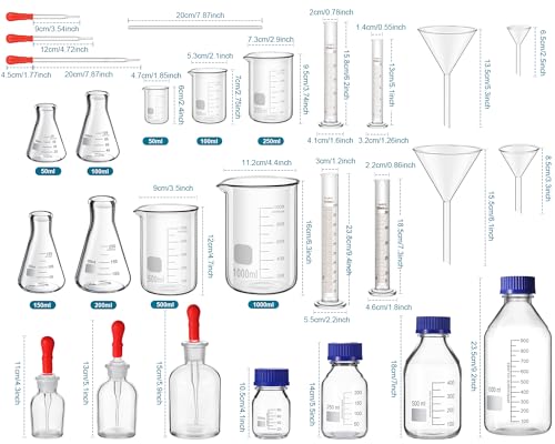 31 Pcs Lab Glassware Set Include Measuring Beakers Cylinders Erlenmeyer Flasks Dropper Bottle Media Bottles Glass Stirring Rods Dropper Funnels for Science Chemistry Equipment Supplies