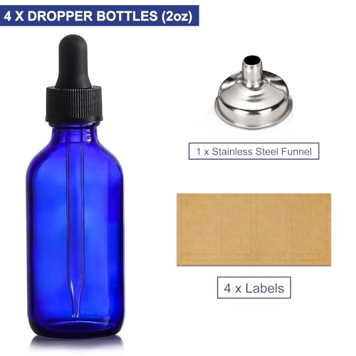 AOZITA 4 Pack, 2 oz Dropper Bottles with 1 Funnel & 4 Labels - 60ml Thick Dark Blue Glass Tincture Bottles with Eye Droppers - Leakproof Essential Oils Bottle for Health, Personal Care & Beauty - color: Blue with Eye Droppers