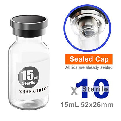 Sterile Empty Vials with Self Healing Injection Port and Aluminum Plastic Cap,Sterile Package (15ml Clear 10PCS) - size: 15ml Clear 10PCS