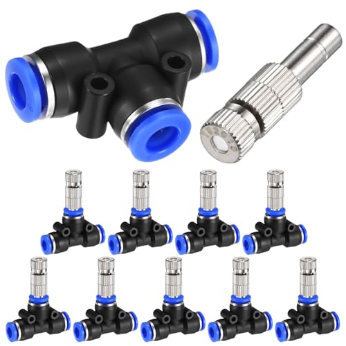 M METERXITY 10-Set Brass Misting Nozzles Tees Kit, 0.008"/0.2mm Orifice Mister Replacement Nozzles with Filter Mesh for Outdoor Cooling System/Greenhouse, 1/4" Water Misting Nozzle Tees Kits - size: 0.008"/0.2mm