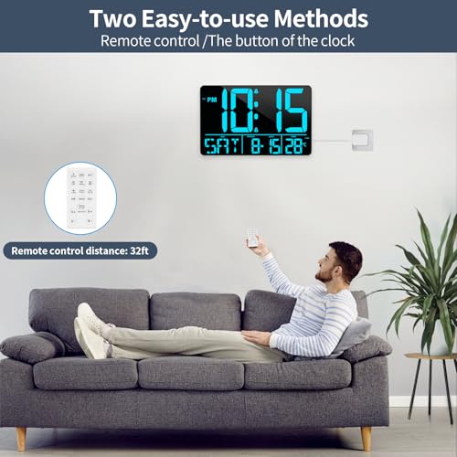 PERSUPER 13" Digital Wall Clock Large Display with Remote, Temp & Timer - style: Blue