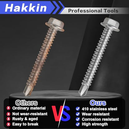 470Pcs Self Tapping Screws for Metal #8#10#14, Hakkin 410 Stainless Steel Self Drilling Screws Assortment Kit, Hex Washer Head Sheet Metal Screws Kit, Tek Screws 1/2" 3/4" 1" 1-1/2", Socket Included - size: N. #8#10#14