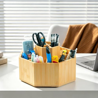VaeFae 360 Rotating Bamboo Pen Holder for Desk, Art Supply Storage, Large - size: Large
