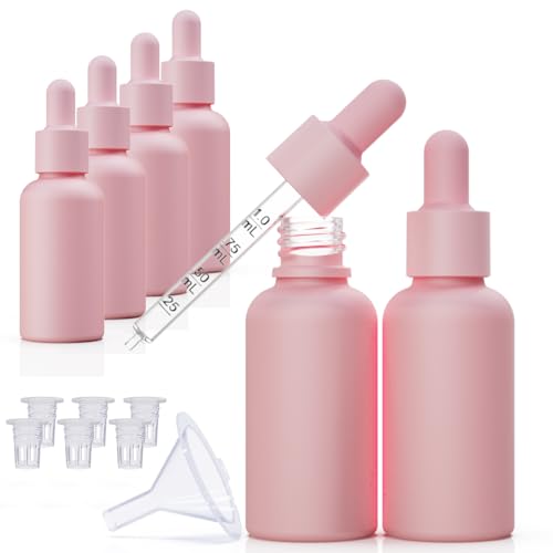 6PK 1oz Pink Coated Glass Dropper Bottles (30ML) with Glass Eye Droppers - color: Pink 6pack