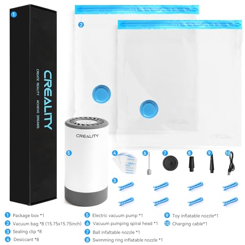 Creality 3D Printer Filament Bags, 8 Reusable 40x40 cm Vacuum Storage Bags with Electric Pump, Dustproof & Moisture-Proof for 3D Filament ABS PETG PLA - size: Vacuum Pump + 8 Bags(2kg Each)