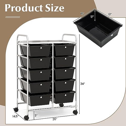 COSTWAY 10 Drawer Rolling Storage Cart, Utility Cart with Lockable Wheels - color: Black, size: 10 Drawer
