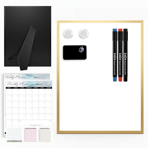 Magnetic Dry Erase Board 12 x 16 Inch with Foldable Stand, 2 Markers & Magnetic Eraser, Portable Gold Whiteboard for Wall Mount or Tabletop Use - style: Gold Stand + Planner