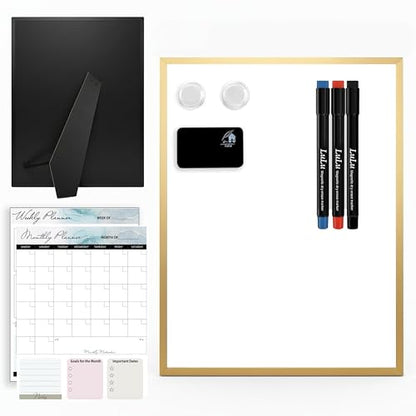 Magnetic Dry Erase Board 12 x 16 Inch with Foldable Stand, 2 Markers & Magnetic Eraser, Portable Gold Whiteboard for Wall Mount or Tabletop Use - style: Gold Stand + Planner