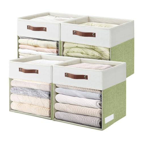 Bagnizer Storage Cubes, 4 Pack Linen Foldable Storage Bins with Clear Window and 2 Handles, 13x15x13 for Shelf Closet, Kallax, Clothes, Books - Green/Off-White - color: Green / Off-White, size: 13 x 15 x 13
