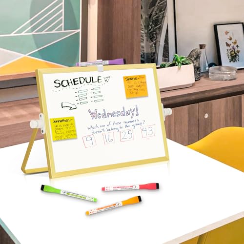 Double-Sided Magnetic White Board with Stand, 12" x 8" (Gold) - color: Gold, size: 12"W x 8"H