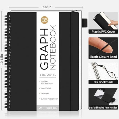 AHGXG Spiral Graph Paper Notebook, 140 Pages, B5 (7.6" x 10") - color: Black, style: B5-Graph