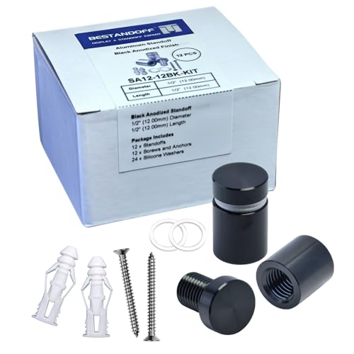 Pack of 12 Aluminum Standoff Screws Wall Sign Standoff Mounting Hardware Glass Standoff Mount for Hanging Acrylic Picture Frame (12, Black, 1/2" x 1/2") - color: Black, size: 1/2" x 1/2"