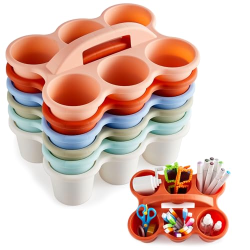 party greeting 6 Pack Classroom Caddy with Handle Plastic Storage Table Caddy Organizer with 6 Compartments Morandi Cup Caddy Organizer for Table Crayon Pencil Office School Supply