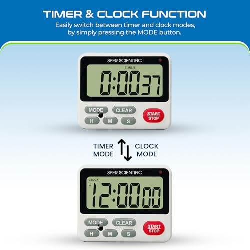 Sper Scientific 24-Hour Digital Lab + Kitchen Timer with LED Light 810001 - Precision Countdown Timer with Large Display, Loud Alarm & Clock Mode - for Cooking, Lab Experiments & More - 2 pc - size: 2 Pack