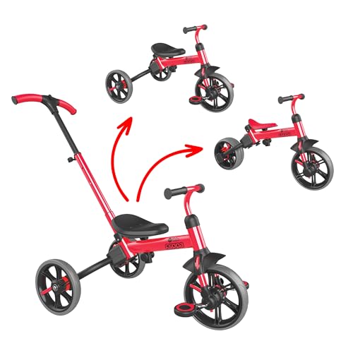 Yvolution 3 in 1 Toddler Trike Y Velo Flippa Push Tricycle Toddler Balance Bike with Parent Steering Push Handle for Boys Girls 2-5 Years Old - color: Red