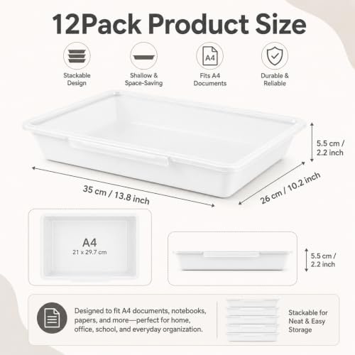 gisgfim 12 Pack Flat Storage Paper Tray with Clear Latching Lids, White - color: White