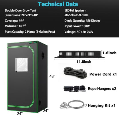 2x2 Grow Tent Kit with LED Grow Light, 24"x24"x48" 1680D Mylar Indoor Grow Tent Starter System with AG1000 100W Full Spectrum Dimmable Plant Light for Hydroponics, Herbs, Vegetables, Seedlings - size: 24" x 24" x 48"